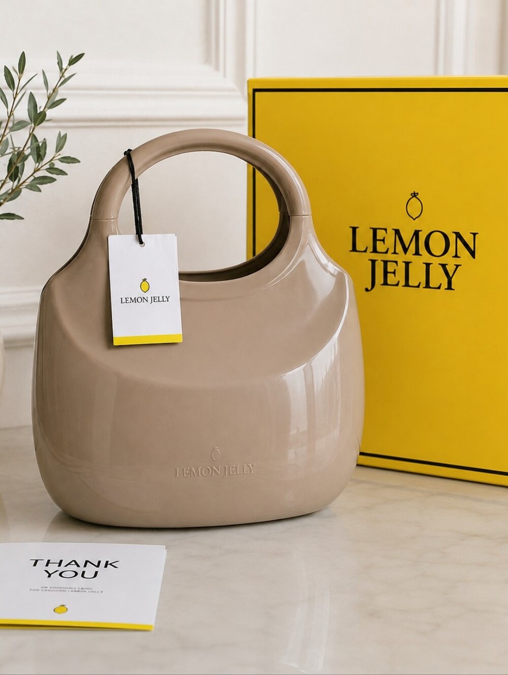 Lemon Jelly Glossy Taupe Small Handbag NWT in Box | Modern Minimalist Portugal